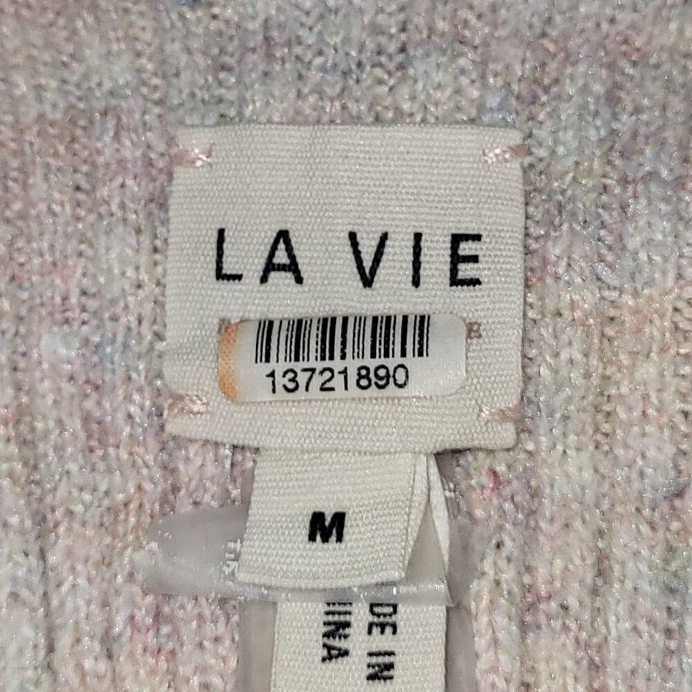 La Vie Medium Beige Cotton Knit Midi Dress RTR Ribbed Bodice Scallop Hem Party - Picture 3 of 15